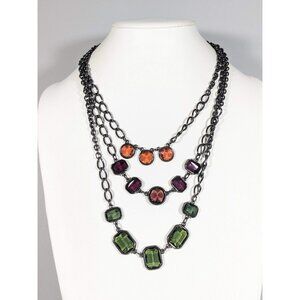 Chicos Gunmetal Gray Orange Purple Green Cabochon Layered Necklace 20 inch